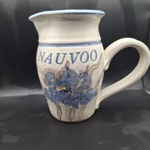 Handcrafted Ceramic Pitcher "Nauvoo" Design Blue Floral Motif Signed Judy Jones